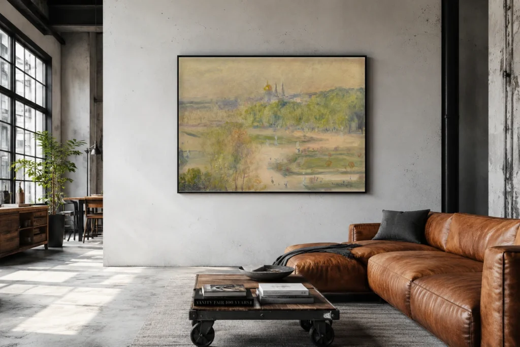 Framed print of The Tuileries Garden hanging on a wall in a furnished room
