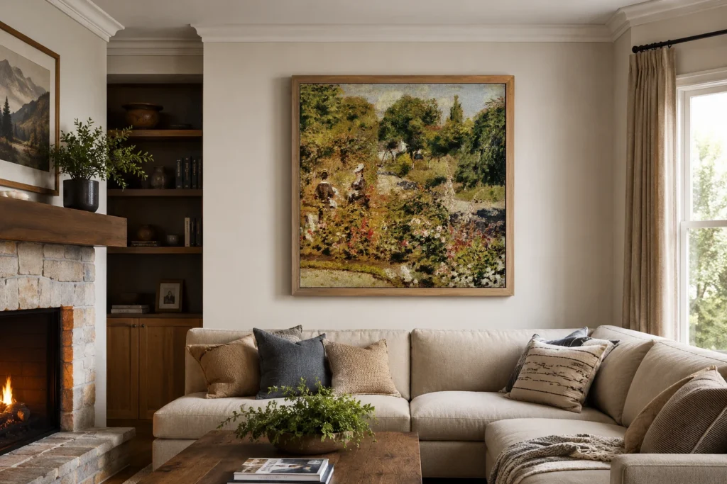 Framed print of The Garden at Fontenay hanging on a wall in a furnished room