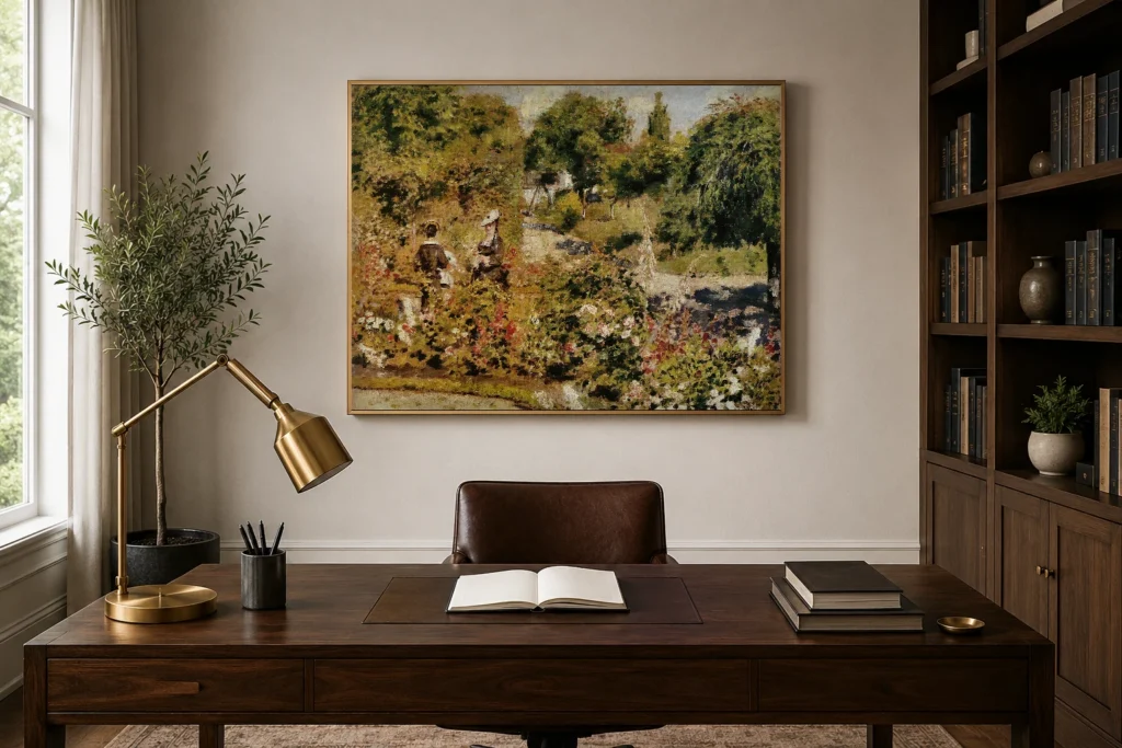 Framed print of The Garden at Fontenay hanging on a wall in a furnished room