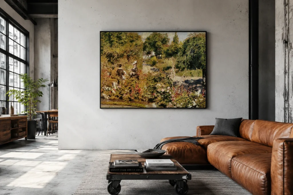 Framed print of The Garden at Fontenay hanging on a wall in a furnished room