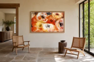 Framed print of Anemones. hanging on a wall in a furnished room