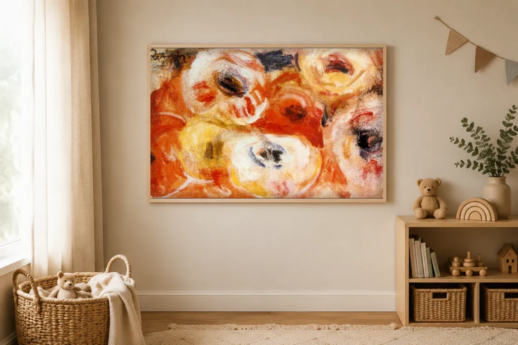 Framed print of Anemones. hanging on a wall in a furnished room