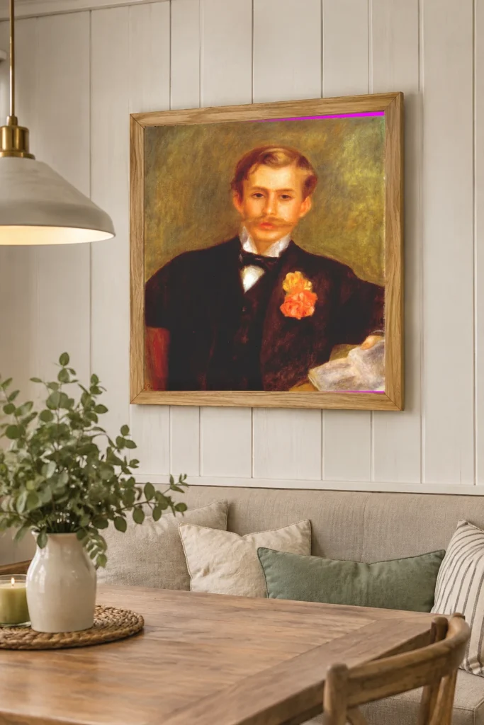 Framed print of The Young Man with a Carnation hanging on a wall in a furnished room