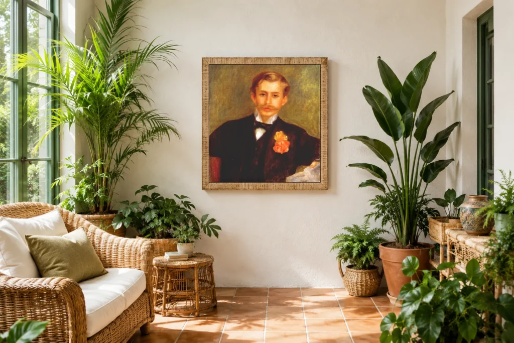 Framed print of The Young Man with a Carnation hanging on a wall in a furnished room