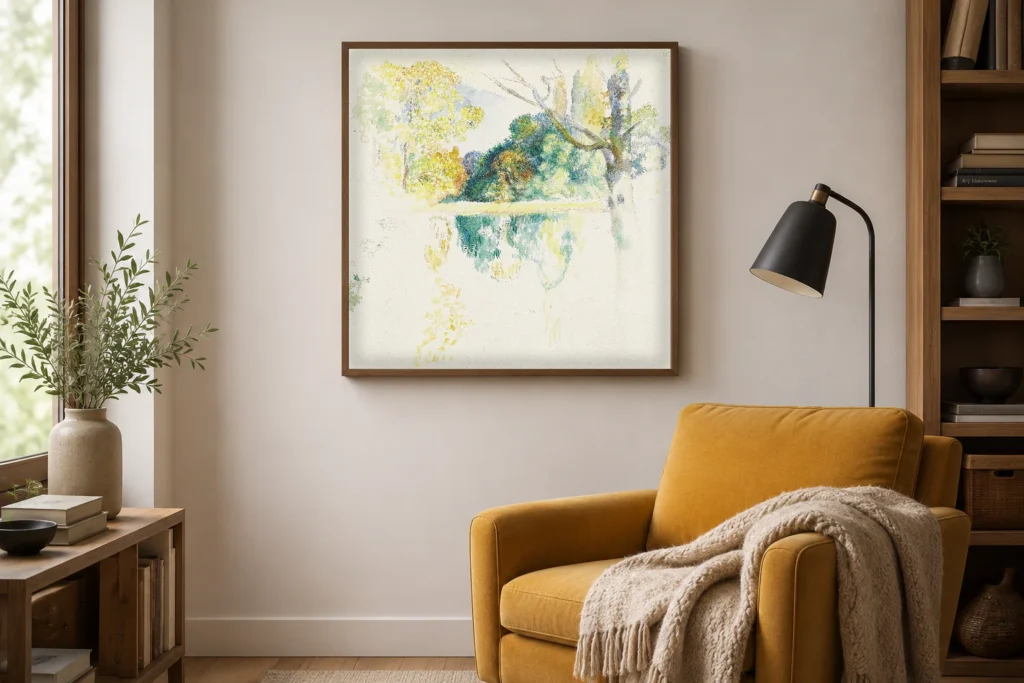 Framed print of The Lake, Study hanging on a wall in a furnished room