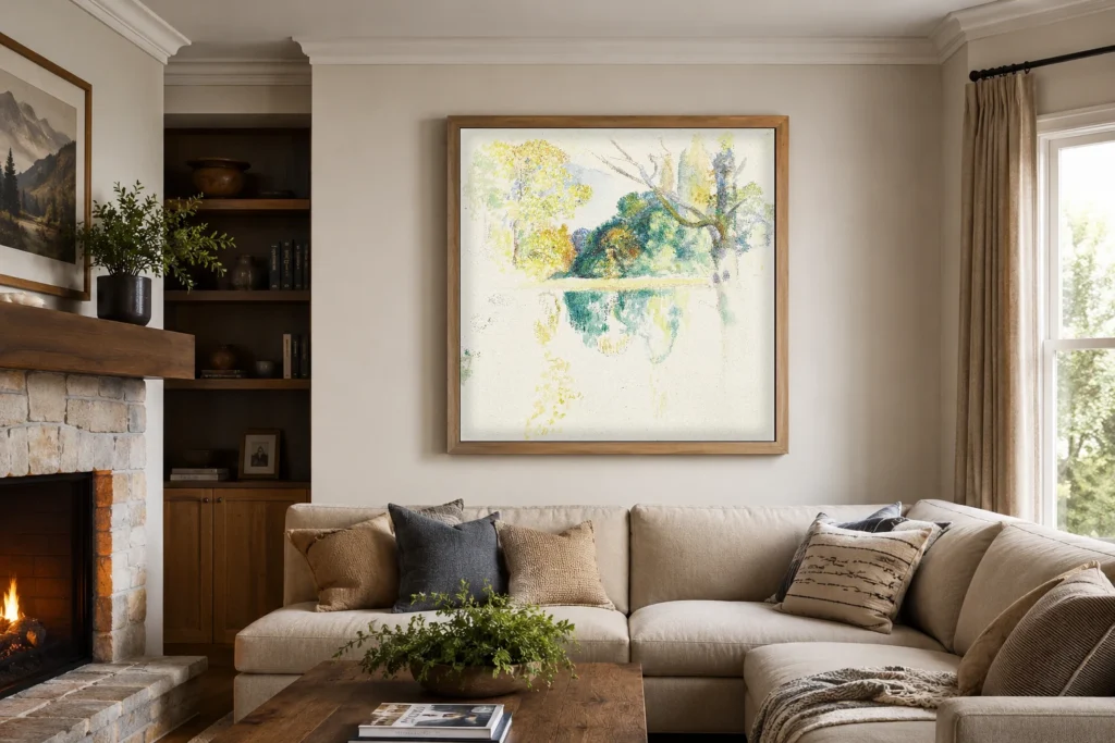 Framed print of The Lake, Study hanging on a wall in a furnished room