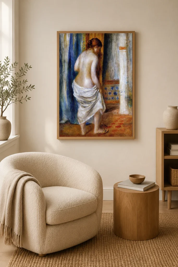 Framed print of The Dressing Gown hanging on a wall in a furnished room