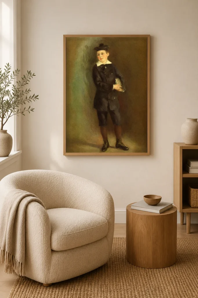 Framed print of The Little Schoolboy hanging on a wall in a furnished room
