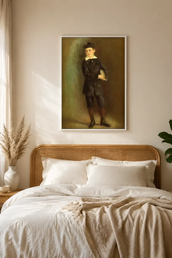 Framed print of The Little Schoolboy hanging on a wall in a furnished room