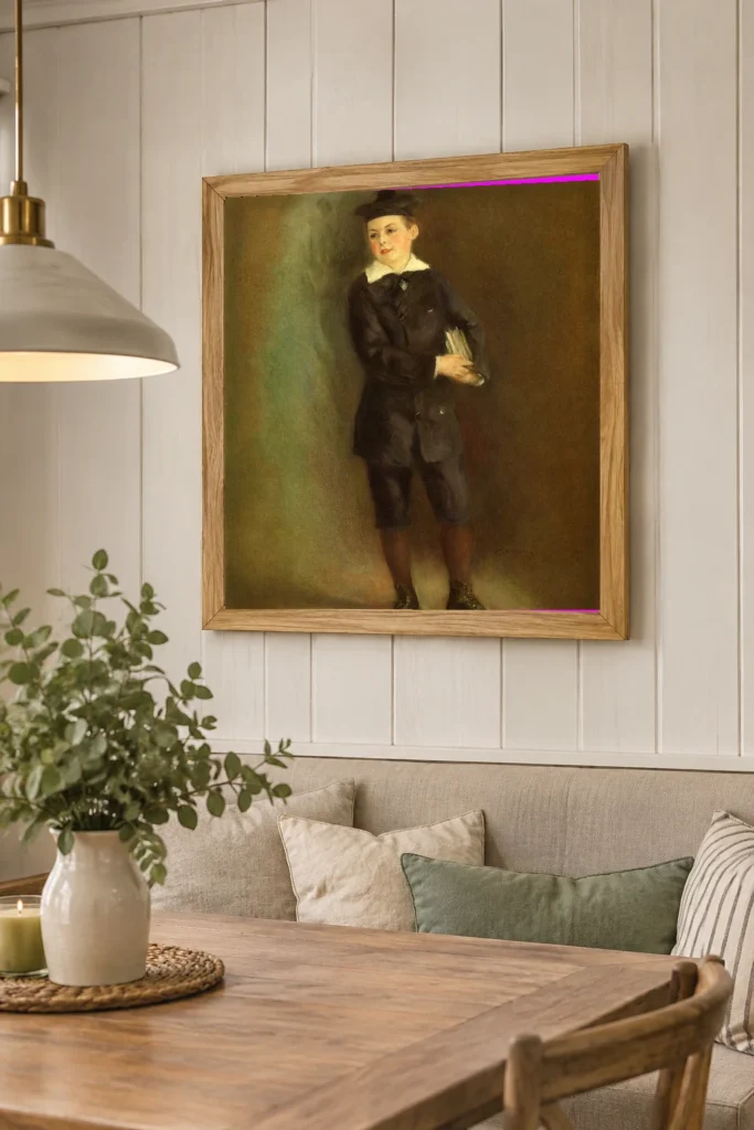 Framed print of The Little Schoolboy hanging on a wall in a furnished room