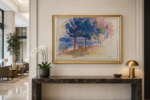 Framed print of The Bridge at Argenteuil, Sketch hanging on a wall in a furnished room