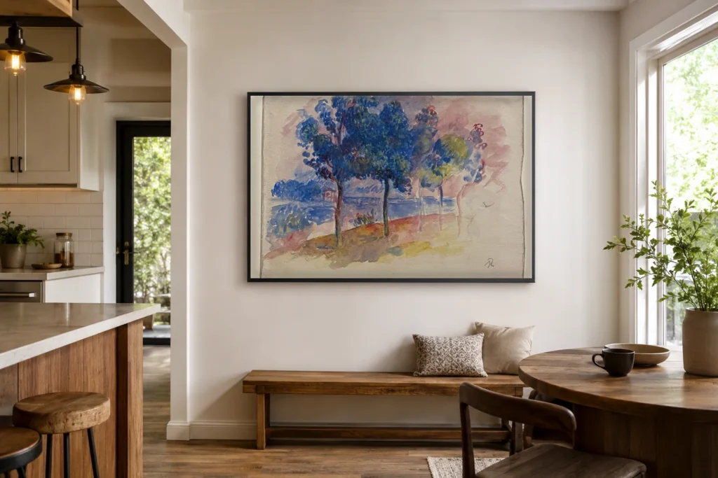 Framed print of The Bridge at Argenteuil, Sketch hanging on a wall in a furnished room