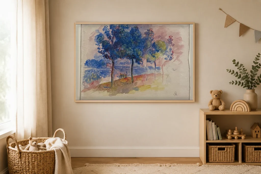 Framed print of The Bridge at Argenteuil, Sketch hanging on a wall in a furnished room