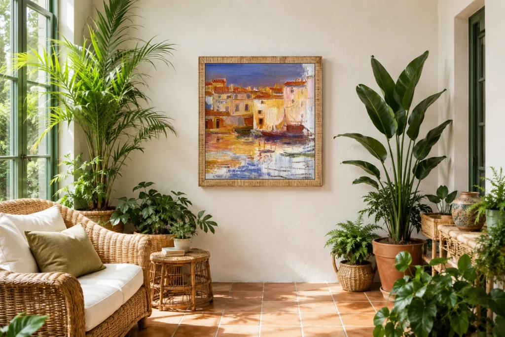 Framed print of The Port of Martigues hanging on a wall in a furnished room