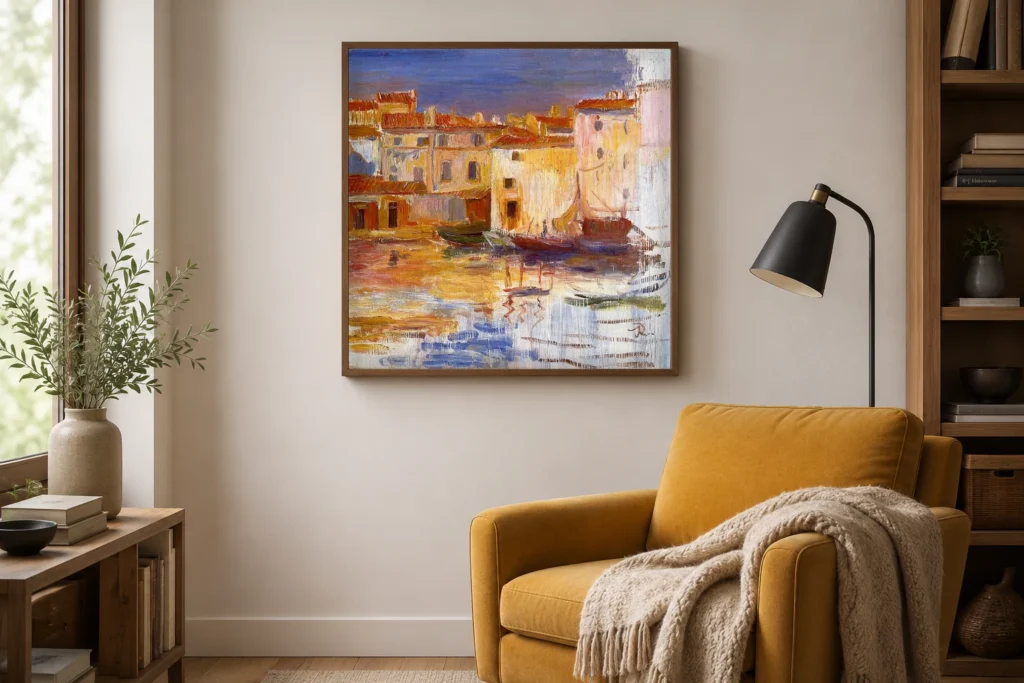 Framed print of The Port of Martigues hanging on a wall in a furnished room