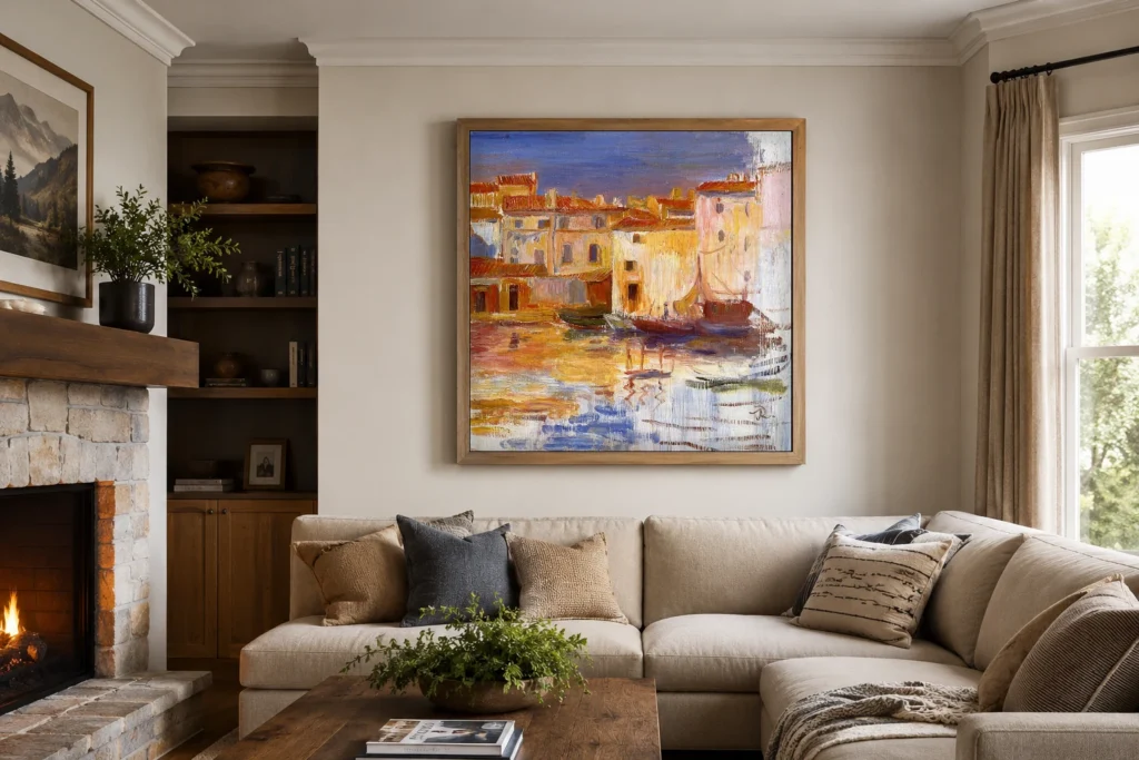 Framed print of The Port of Martigues hanging on a wall in a furnished room