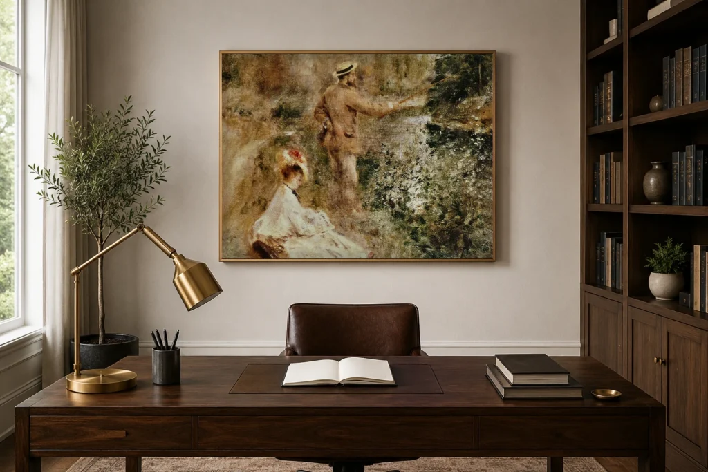 Framed print of The Angler hanging on a wall in a furnished room