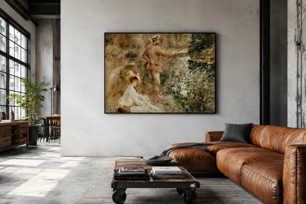 Framed print of The Angler hanging on a wall in a furnished room