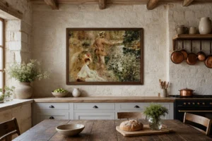 Framed print of The Angler hanging on a wall in a furnished room