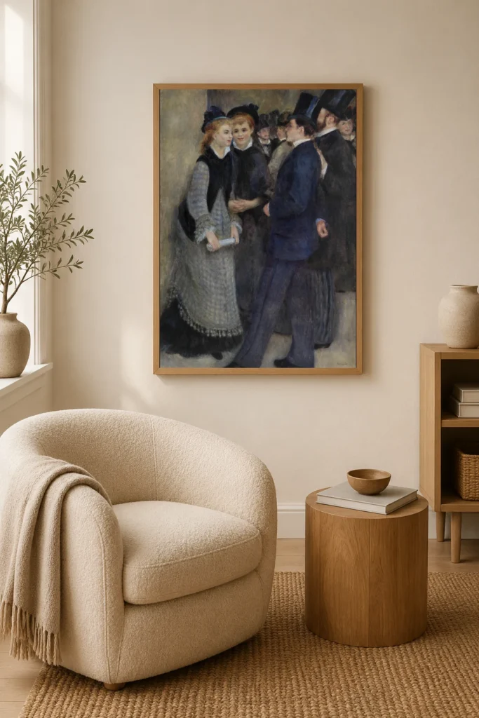 Framed print of Leaving the Conservatory (La Sortie du conservatoire) hanging on a wall in a furnished room