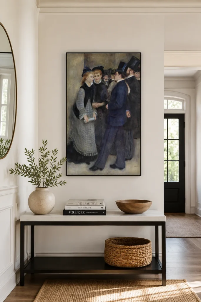 Framed print of Leaving the Conservatory (La Sortie du conservatoire) hanging on a wall in a furnished room