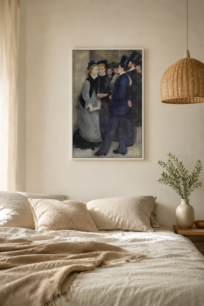Framed print of Leaving the Conservatory (La Sortie du conservatoire) hanging on a wall in a furnished room