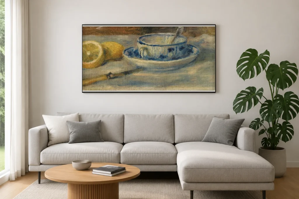 Framed print of Lemon and blue cup – Fragment hanging on a wall in a furnished room