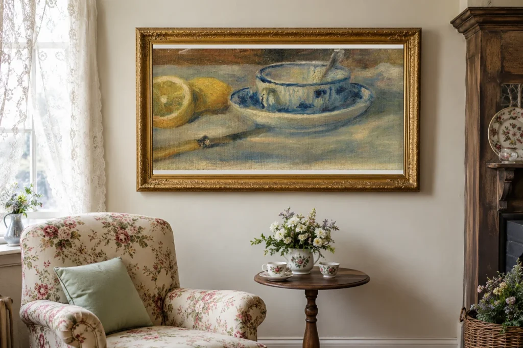 Framed print of Lemon and blue cup – Fragment hanging on a wall in a furnished room