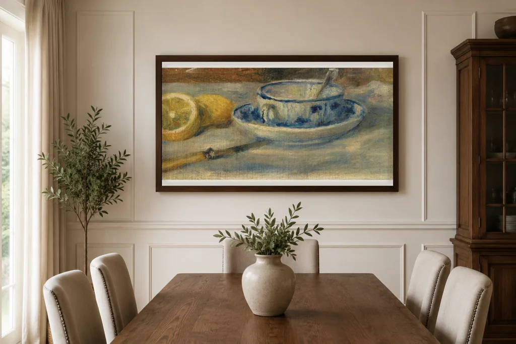 Framed print of Lemon and blue cup – Fragment hanging on a wall in a furnished room