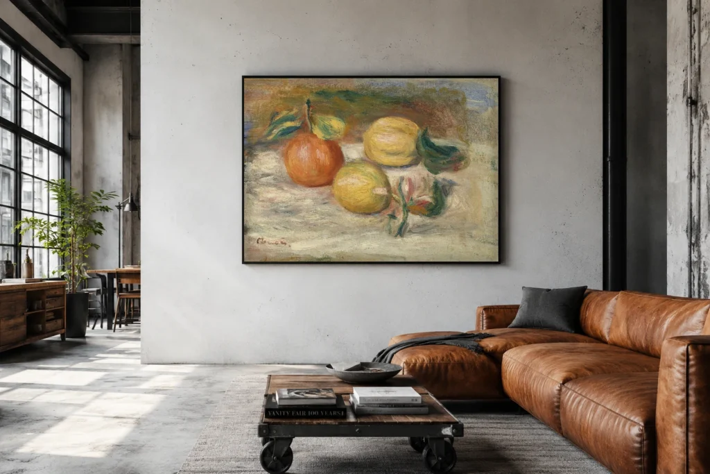 Framed print of Lemons and Orange (Citrons et orange) hanging on a wall in a furnished room