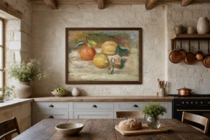 Framed print of Lemons and Orange (Citrons et orange) hanging on a wall in a furnished room