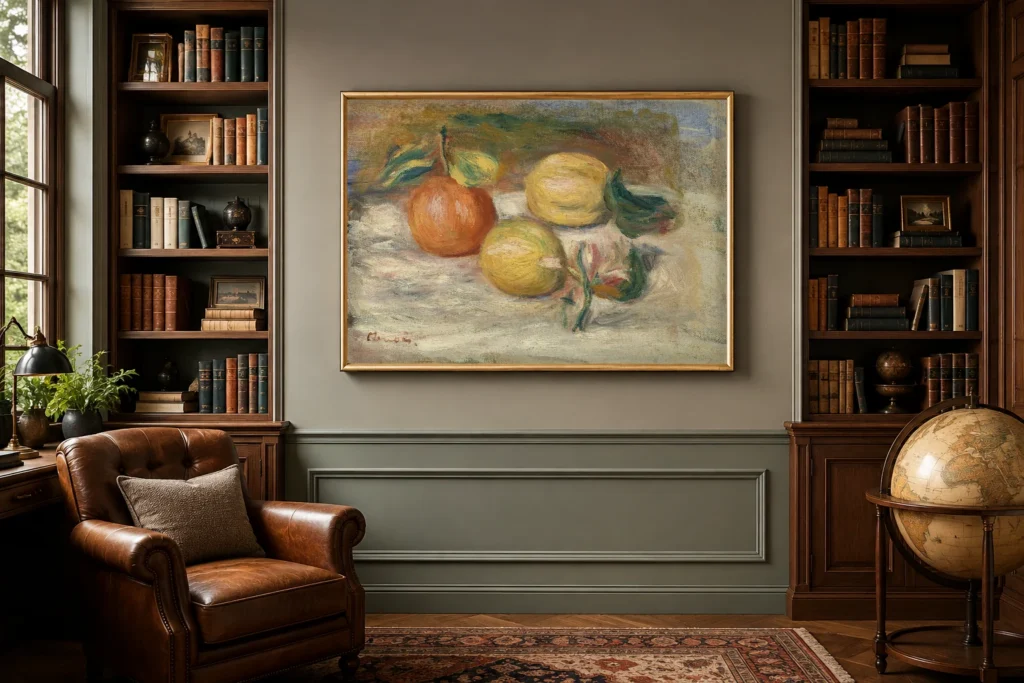 Framed print of Lemons and Orange (Citrons et orange) hanging on a wall in a furnished room