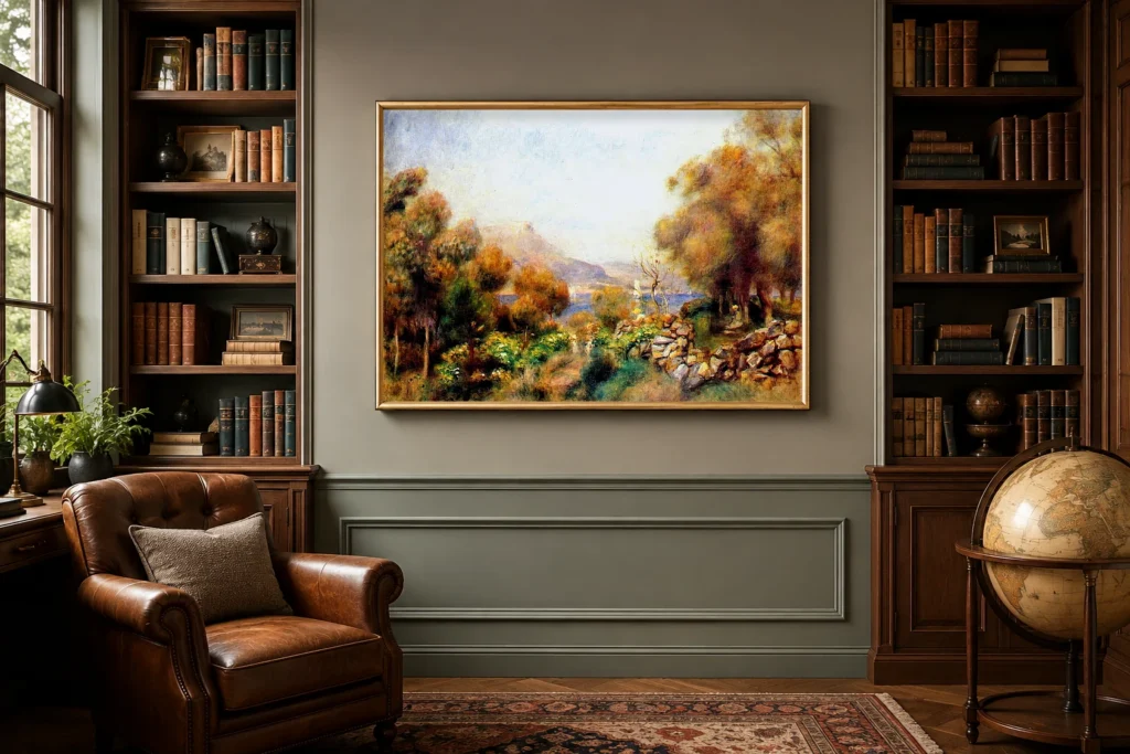 Framed print of Antibes in Autumn hanging on a wall in a furnished room