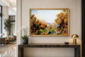 Framed print of Antibes in Autumn hanging on a wall in a furnished room
