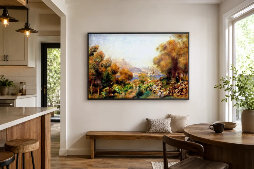 Framed print of Antibes in Autumn hanging on a wall in a furnished room