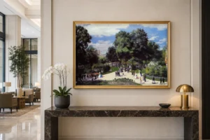 Framed print of Les Champs-Elysées pendant l’exposition Universelle de 1867 hanging on a wall in a furnished room