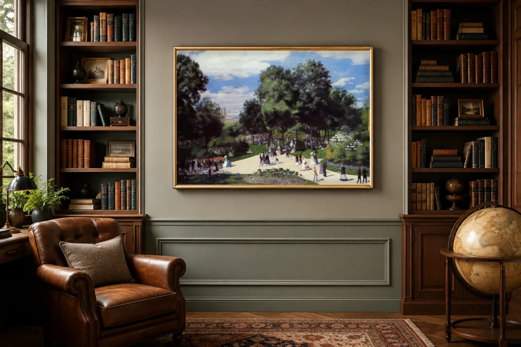Framed print of Les Champs-Elysées pendant l’exposition Universelle de 1867 hanging on a wall in a furnished room