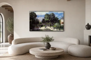 Framed print of Les Champs-Elysées pendant l’exposition Universelle de 1867 hanging on a wall in a furnished room