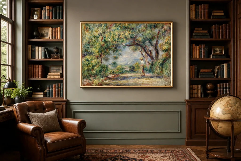 Framed print of Les Collettes hanging on a wall in a furnished room