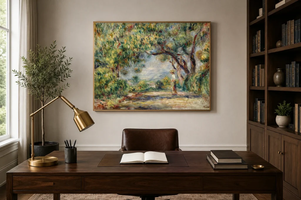 Framed print of Les Collettes hanging on a wall in a furnished room