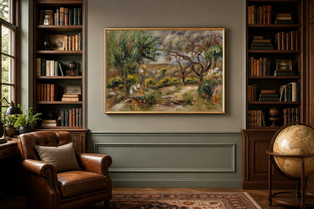 Framed print of Les Collettes à Cagnes hanging on a wall in a furnished room