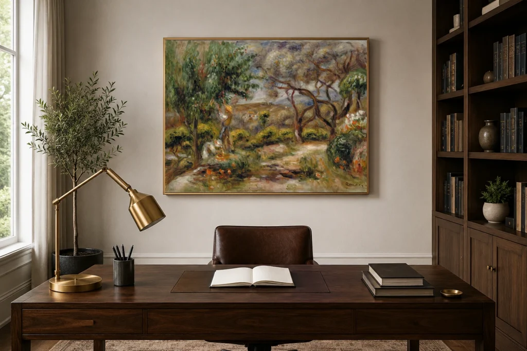 Framed print of Les Collettes à Cagnes hanging on a wall in a furnished room