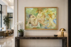 Framed print of The Great Bathers hanging on a wall in a furnished room