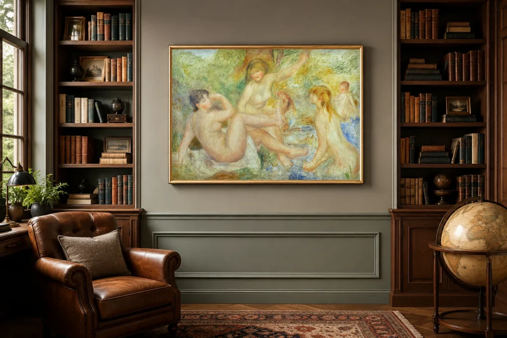 Framed print of The Great Bathers hanging on a wall in a furnished room