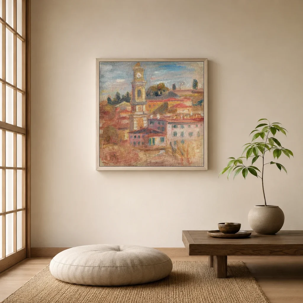 Framed print of The Rooftops of Old Nice hanging on a wall in a furnished room
