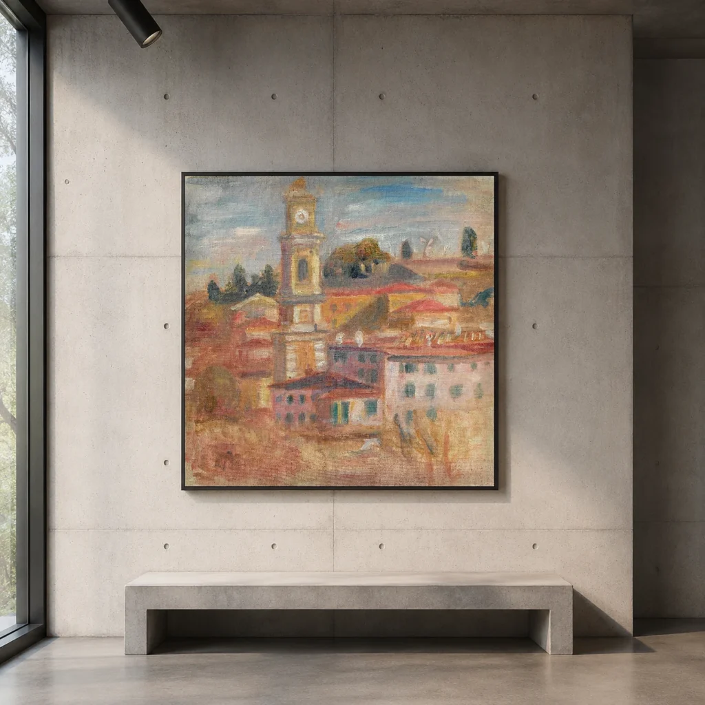 Framed print of The Rooftops of Old Nice hanging on a wall in a furnished room
