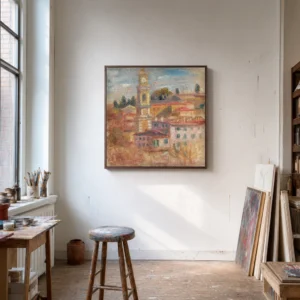 Framed print of The Rooftops of Old Nice hanging on a wall in a furnished room