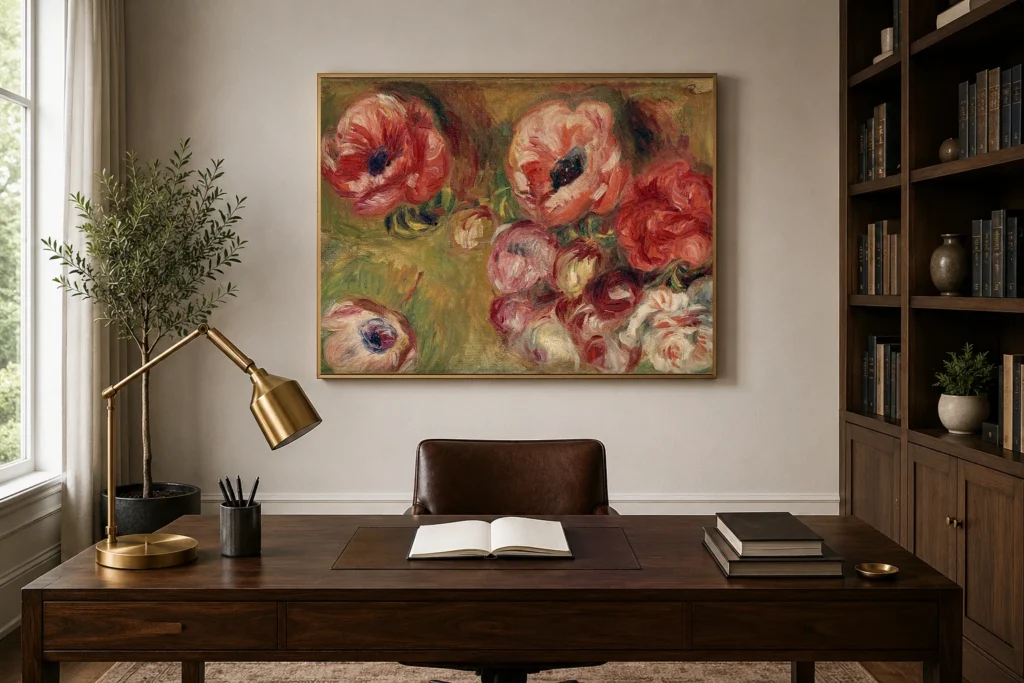 Framed print of The Anemones hanging on a wall in a furnished room