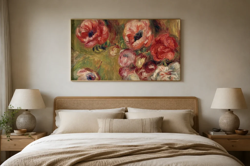 Framed print of The Anemones hanging on a wall in a furnished room