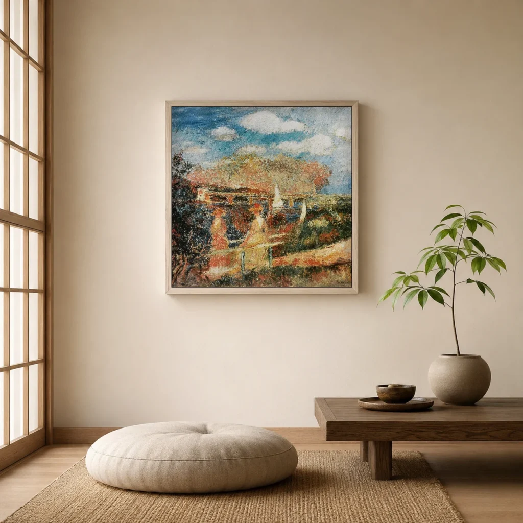 Framed print of The Banks of the Seine at Argenteuil hanging on a wall in a furnished room